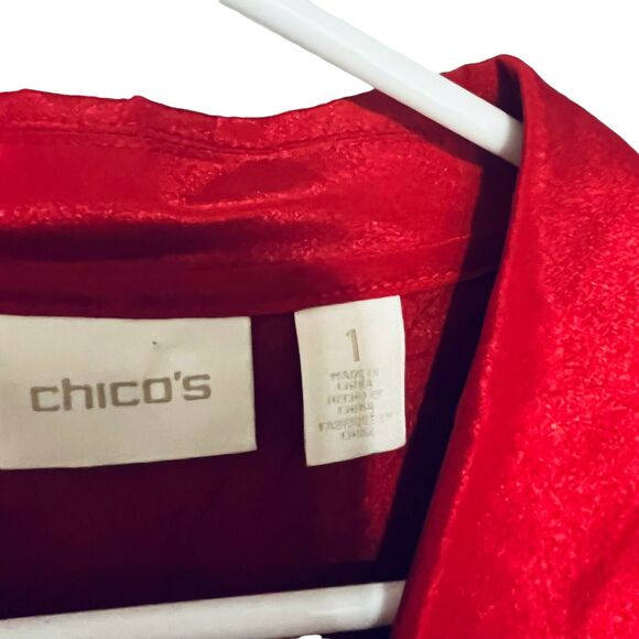 Chico's Shirt Rich Red Crinkle Long Sleeve Collared Button Up Tunic Top Medium - Picture 6 of 15